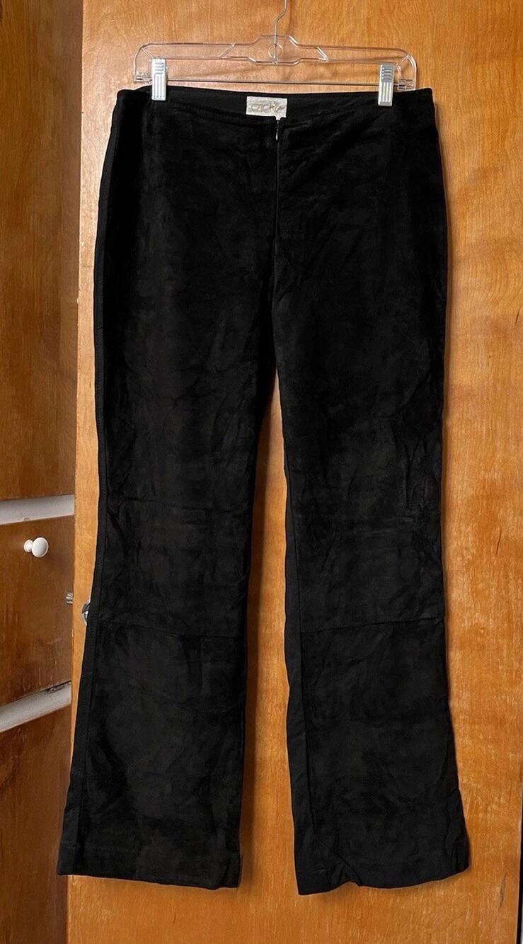 Vintage Y2K Cache Black Suede Leather Bootcut Low Rise Pants Zip Sz 12 Boho Alt